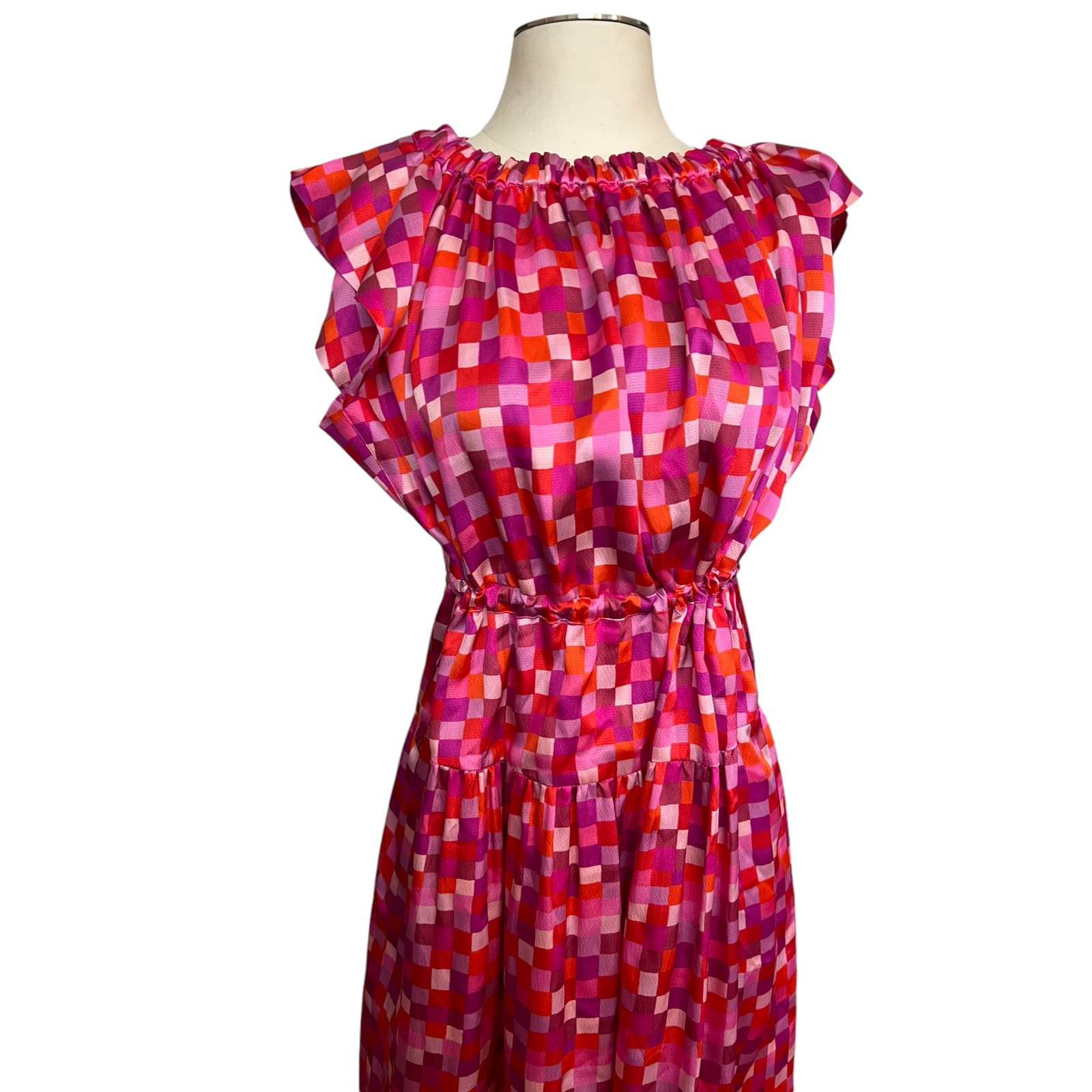 Dovima Paris Pink Checkered 100% Silk Ruffle Sleeve Tie Waist Maxi Dress L — image 3 of 7